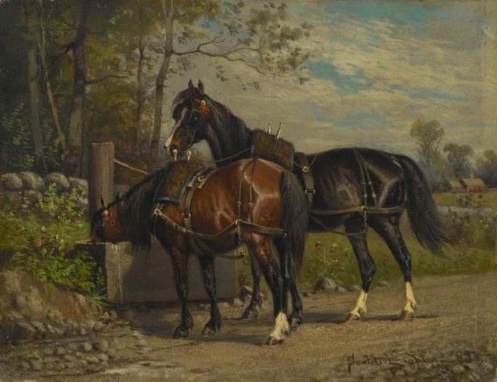 unknow artist Two Horses at a Wayside Trough oil painting image